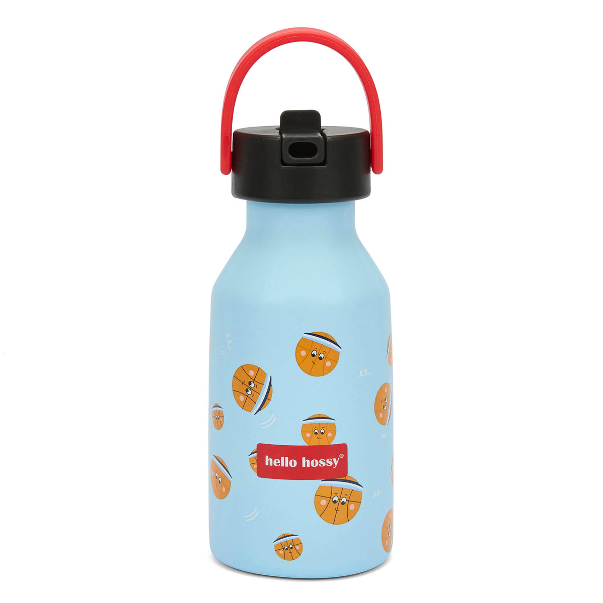 Borraccia bambino blu stampa sport palloni arancione manico rosso Hello Hossy