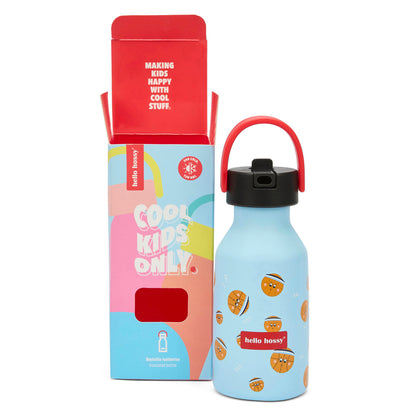 Borraccia per bambini blu con motivo Sport, manico rosso, tappo nero Hello Hossy