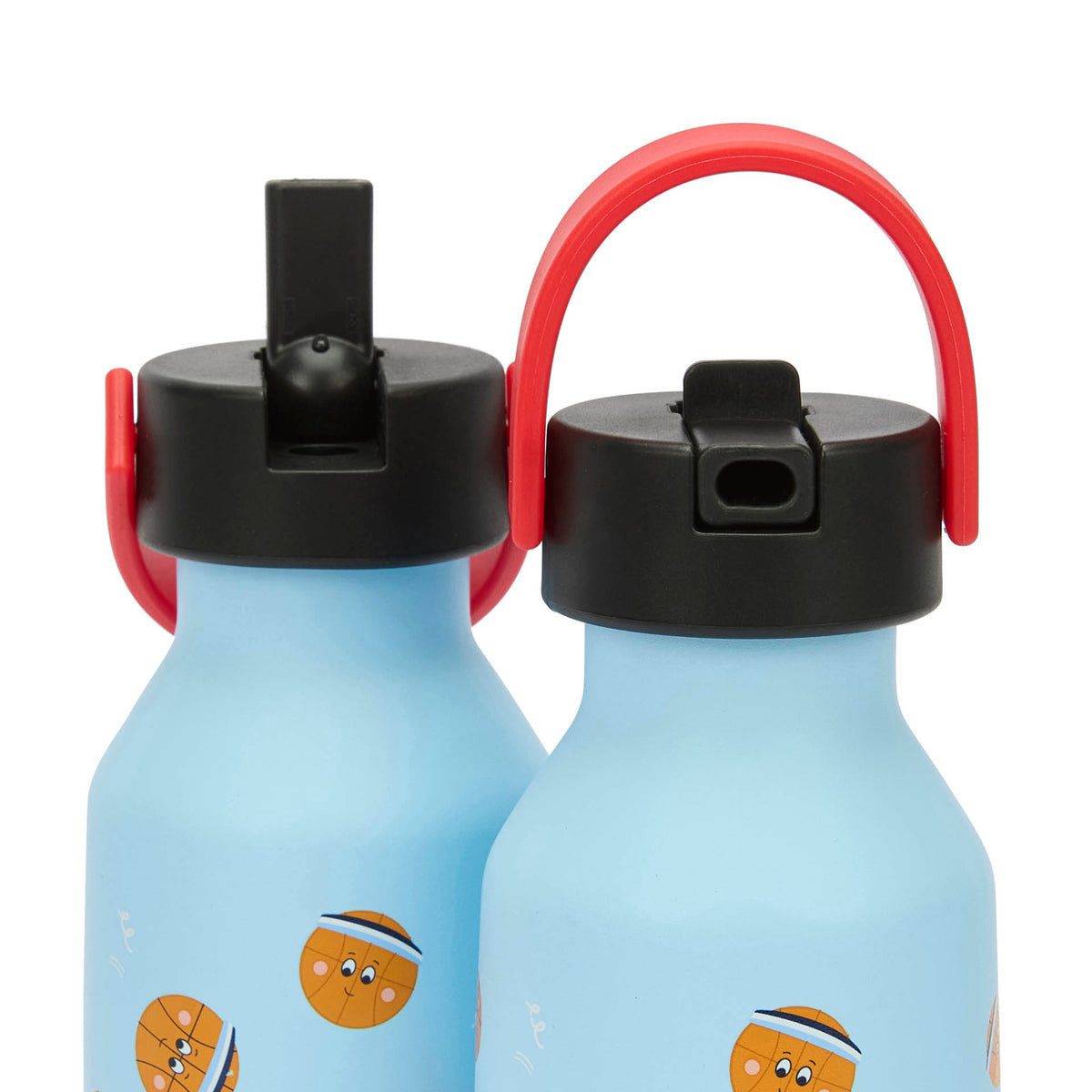 Borraccia per bambini blu con motivo Sport, manico rosso, tappo nero Hello Hossy