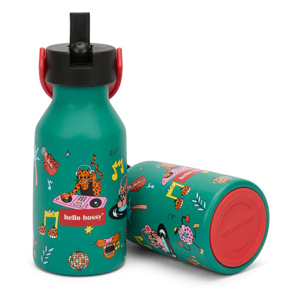 Borraccia verde per bambini con stampa musica e animali, tappo nero, Hello Hossy