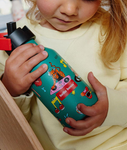 Borraccia bambino verde stampata con musica e animali, tappo nero Hello Hossy