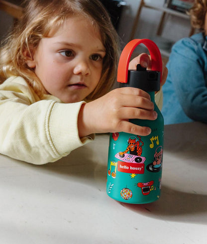 Borraccia per bambini verde con stampa musica e animali, manico rosso Hello Hossy