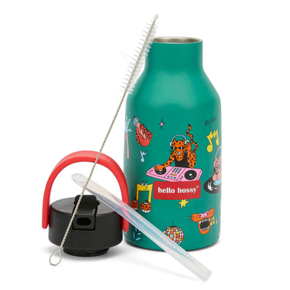 Borraccia bambino verde con motivo musica e animali, tappo nero e manico rosso Hello Hossy