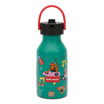 Borraccia per bambini verde con stampa musica e animali, manico rosso Hello Hossy