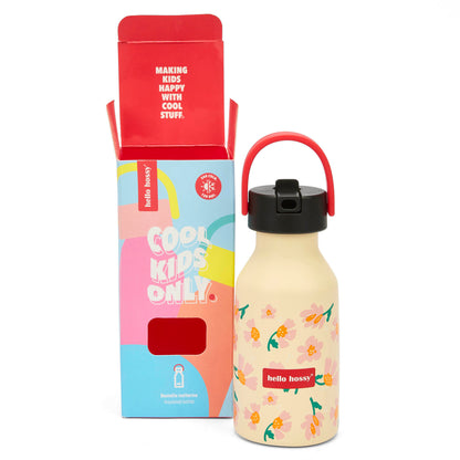Borraccia per bambini rosa e arancione, motivo fiori, manico rosso Hello Hossy