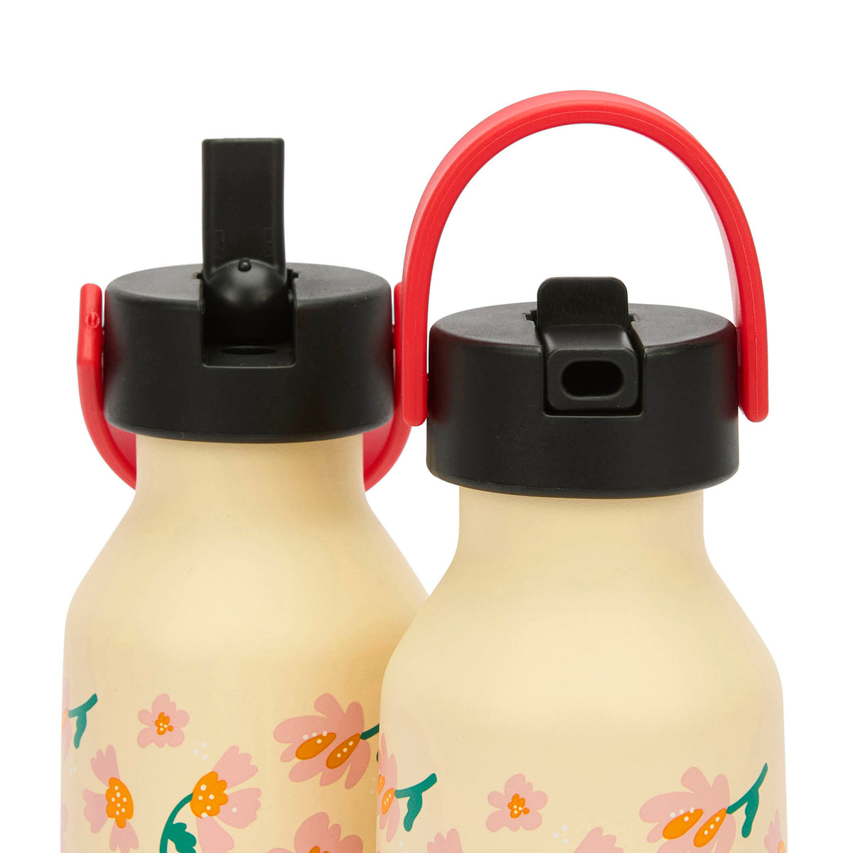 Borraccia per bambini rosa e arancione con motivo a fiori, manico rosso, tappo nero Hello Hossy