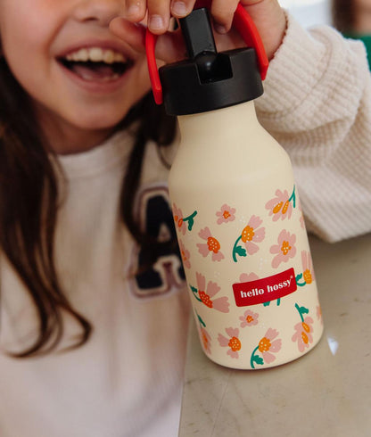 Borraccia per bambini rosa e arancione, motivo fiori, manico rosso Hello Hossy