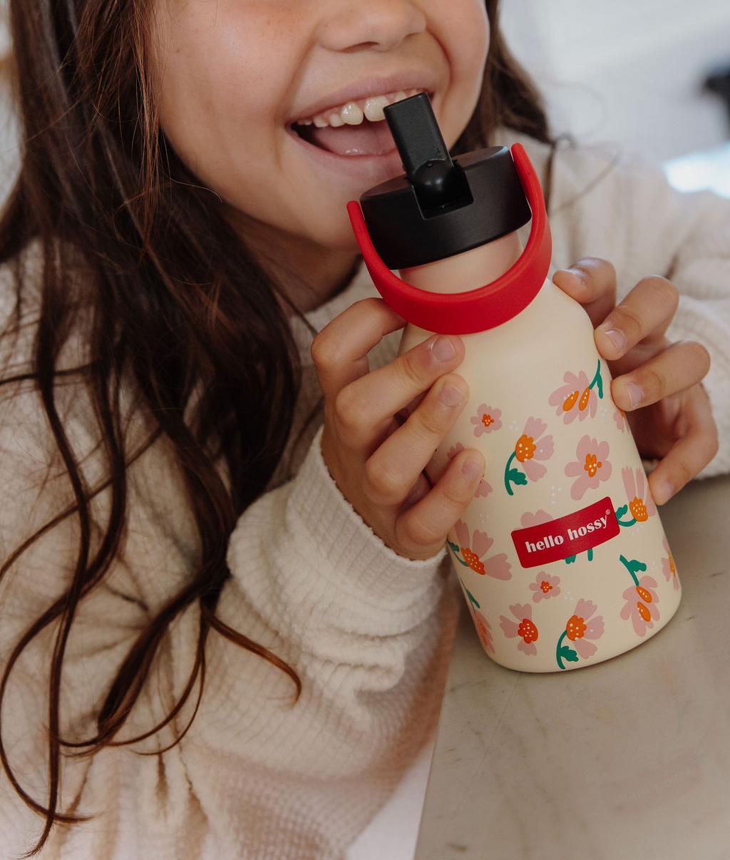 Borraccia per bambini rosa con motivo a fiori e manico rosso Hello Hossy