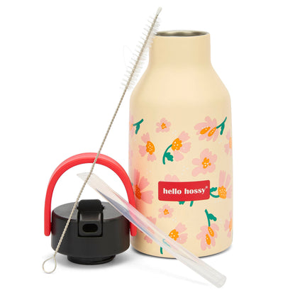 Borraccia per bambini beige con motivo floreale e manico rosa Hello Hossy