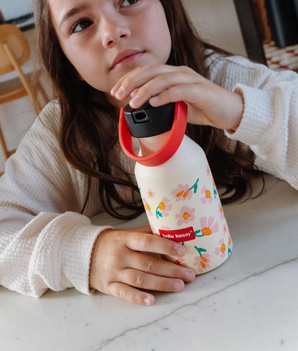 Borraccia per bambini rosa e arancione, motivo fiori, manico rosso Hello Hossy