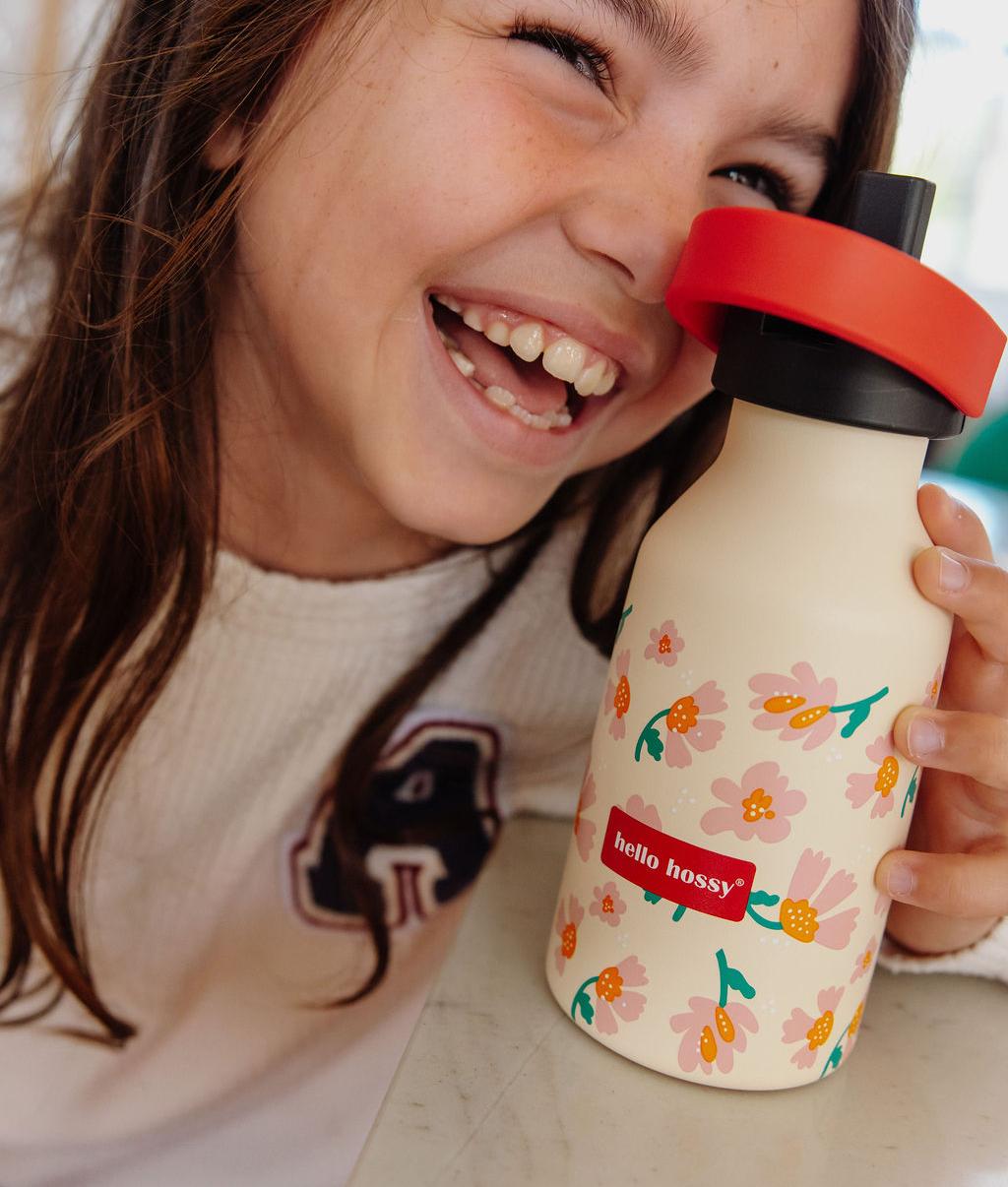 Borraccia per bambini rosa arancione con motivo fiori, tappo rosso Hello Hossy