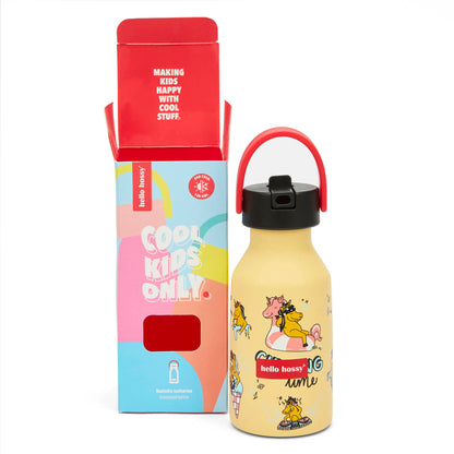 Borraccia bambino giallo motivo unicorno manico rosso Hello Hossy
