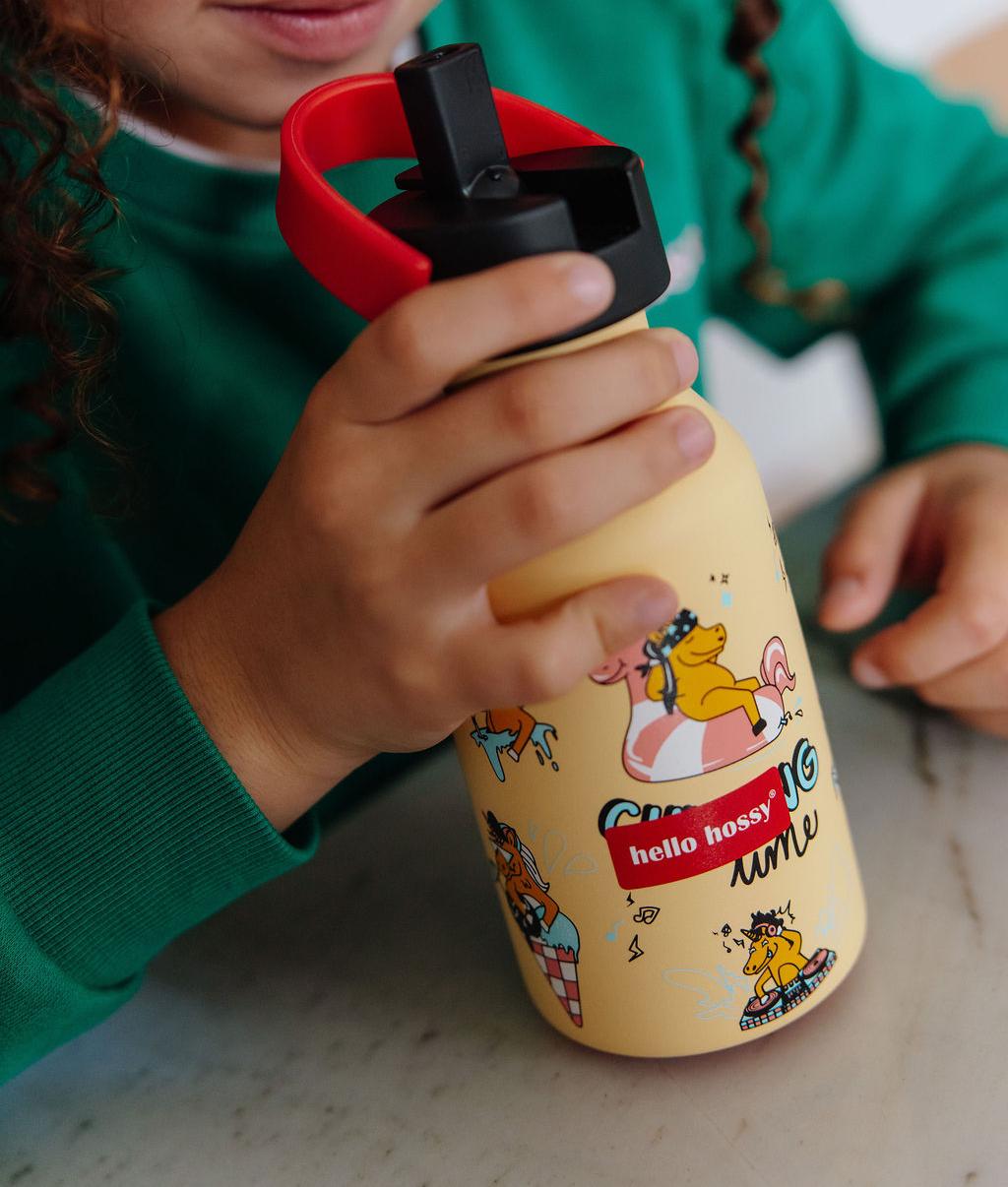 Borraccia bambino giallo motivo unicorno manico rosso Hello Hossy