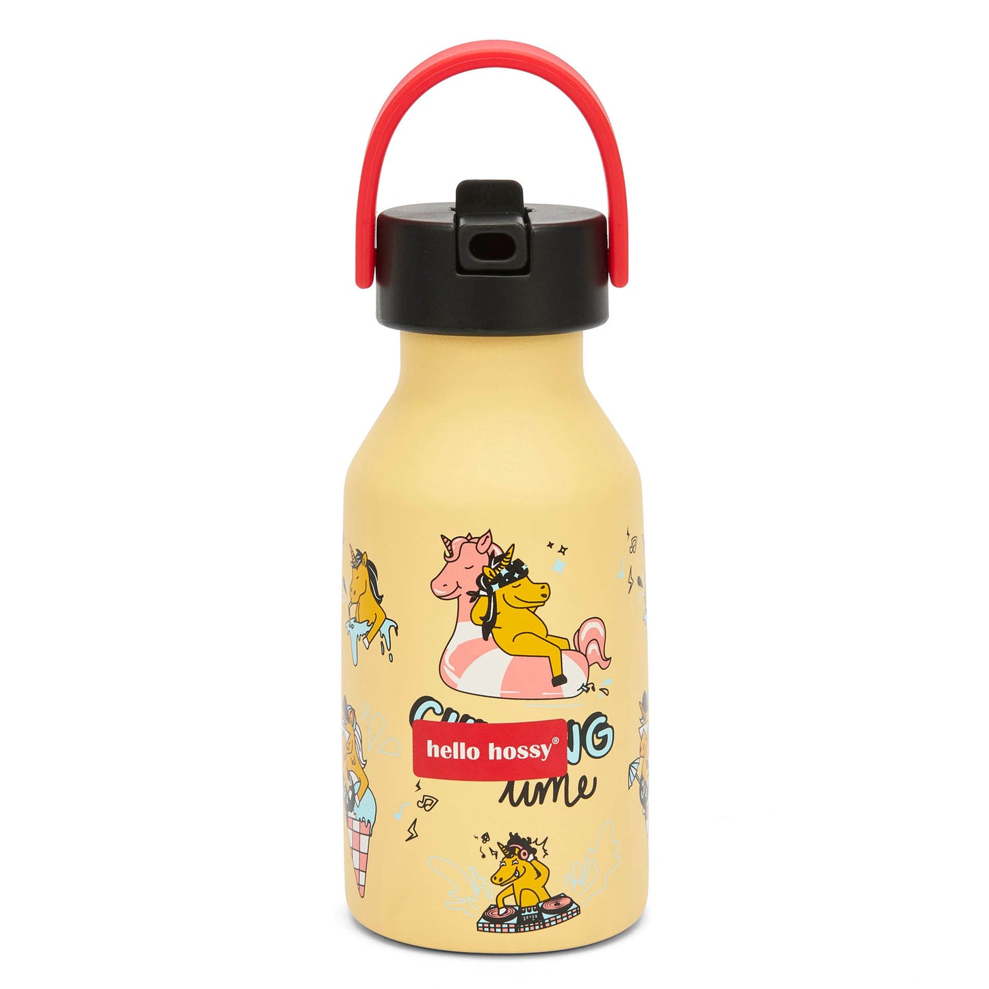Borraccia bambino giallo motivo unicorno manico rosso Hello Hossy
