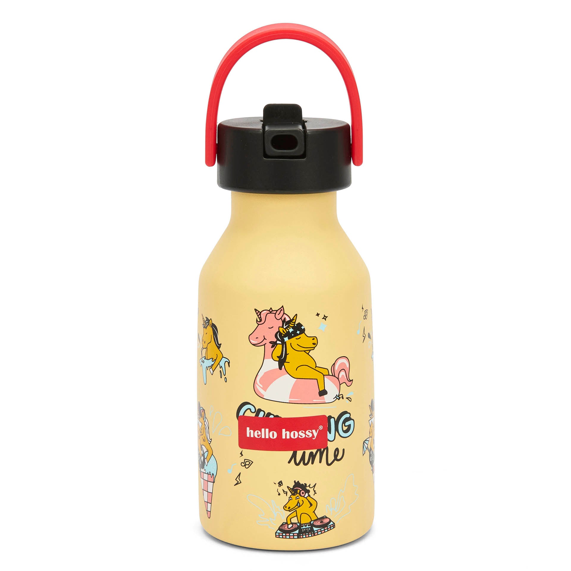 Borraccia bambino giallo motivo unicorno manico rosso Hello Hossy