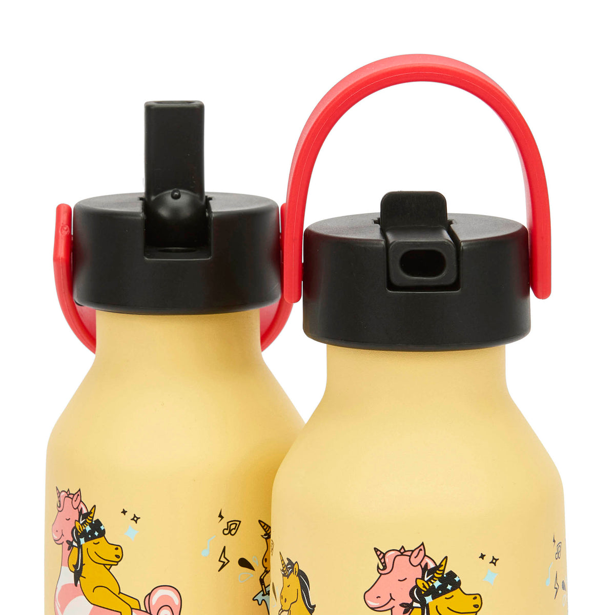 Borraccia bambino giallo motivo unicorno manico rosso tappo nero Hello Hossy