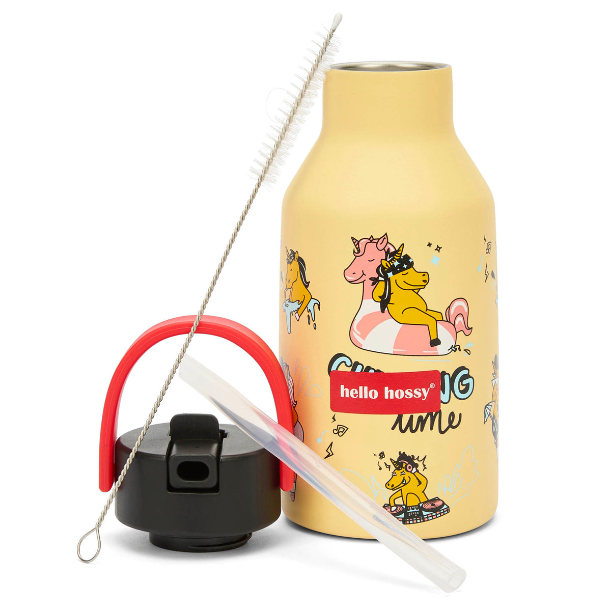 Borraccia per bambini gialla con motivo unicorno, cannuccia e scovolino Hello Hossy