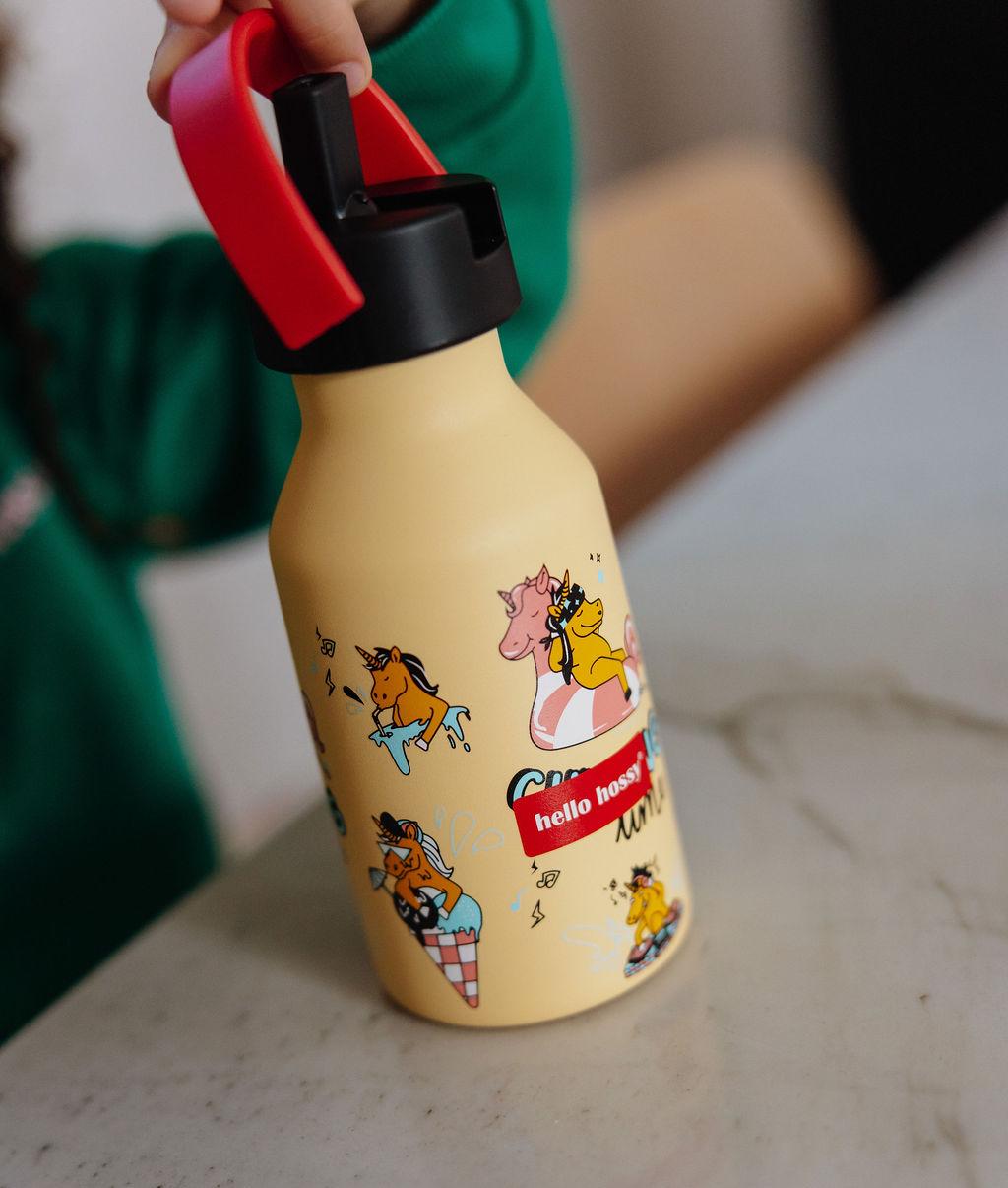 Borraccia per bambini gialla con motivo unicorno e tappo rosso Hello Hossy
