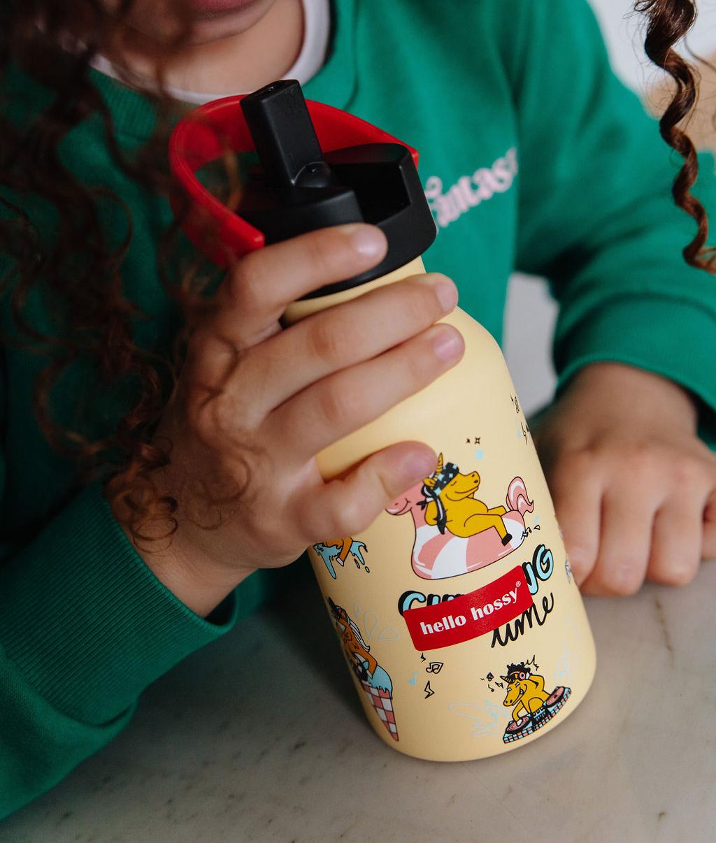 Borraccia bambino giallo stampato unicorno tappo nero manico rosso Hello Hossy