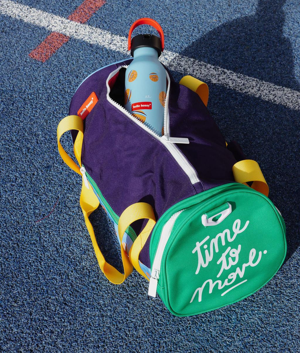 Borraccia per bambini blu con motivo basket arancione, tappo nero, manico rosso Hello Hossy