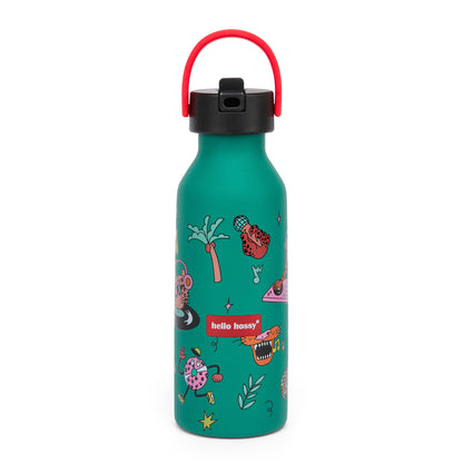 Borraccia per bambini verde con stampa musica e animali, manico rosso Hello Hossy