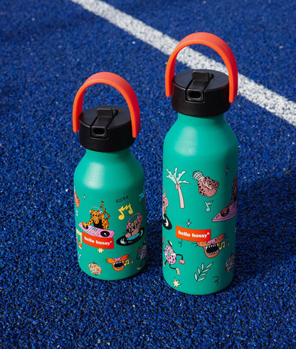 Borraccia per bambini verde con motivi musicali e animali, manico arancione Hello Hossy