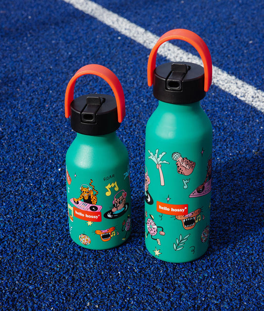 Borraccia per bambini verde con motivi musicali e animali, manico arancione Hello Hossy