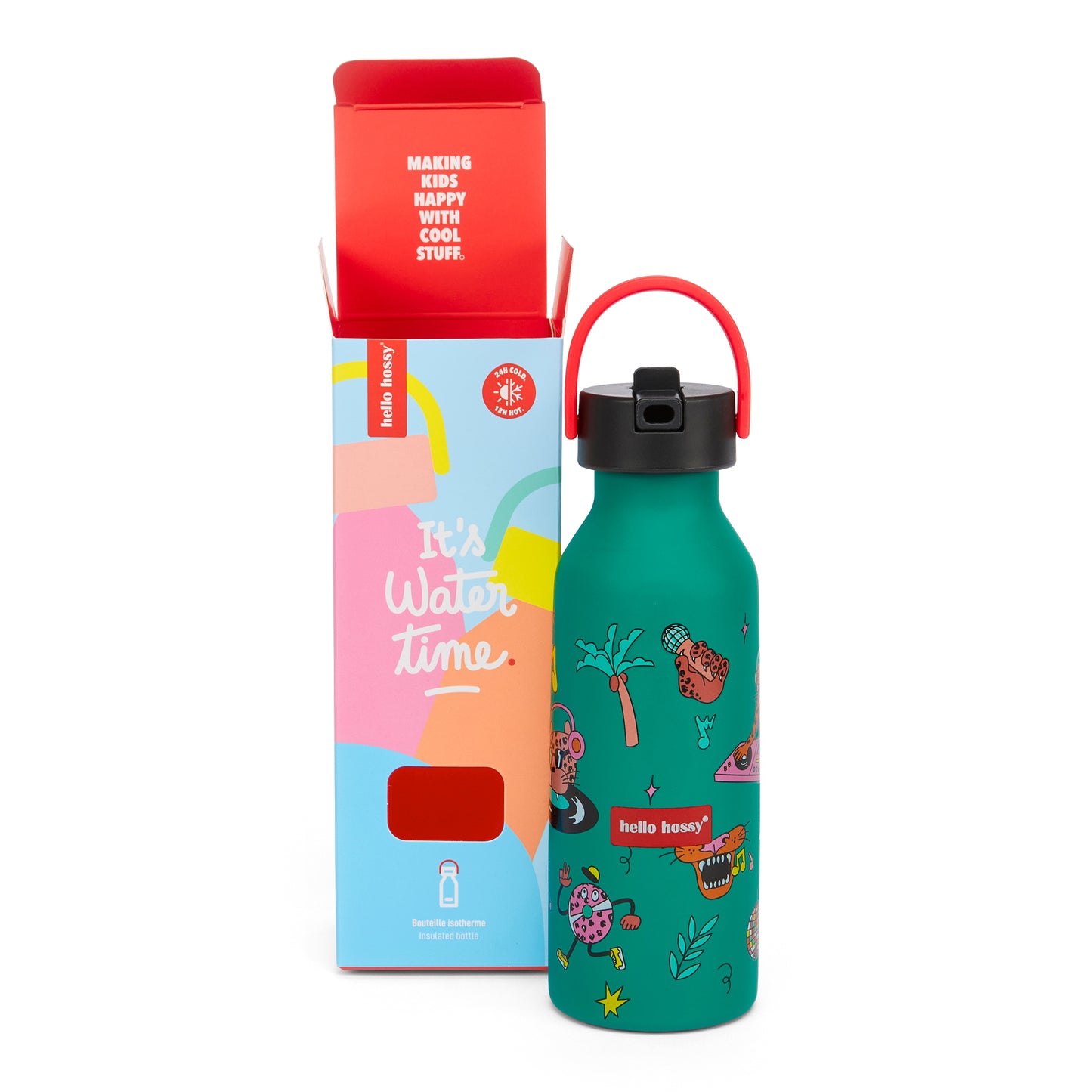 Borraccia bambino verde con motivi musica e animali, manico rosso Hello Hossy