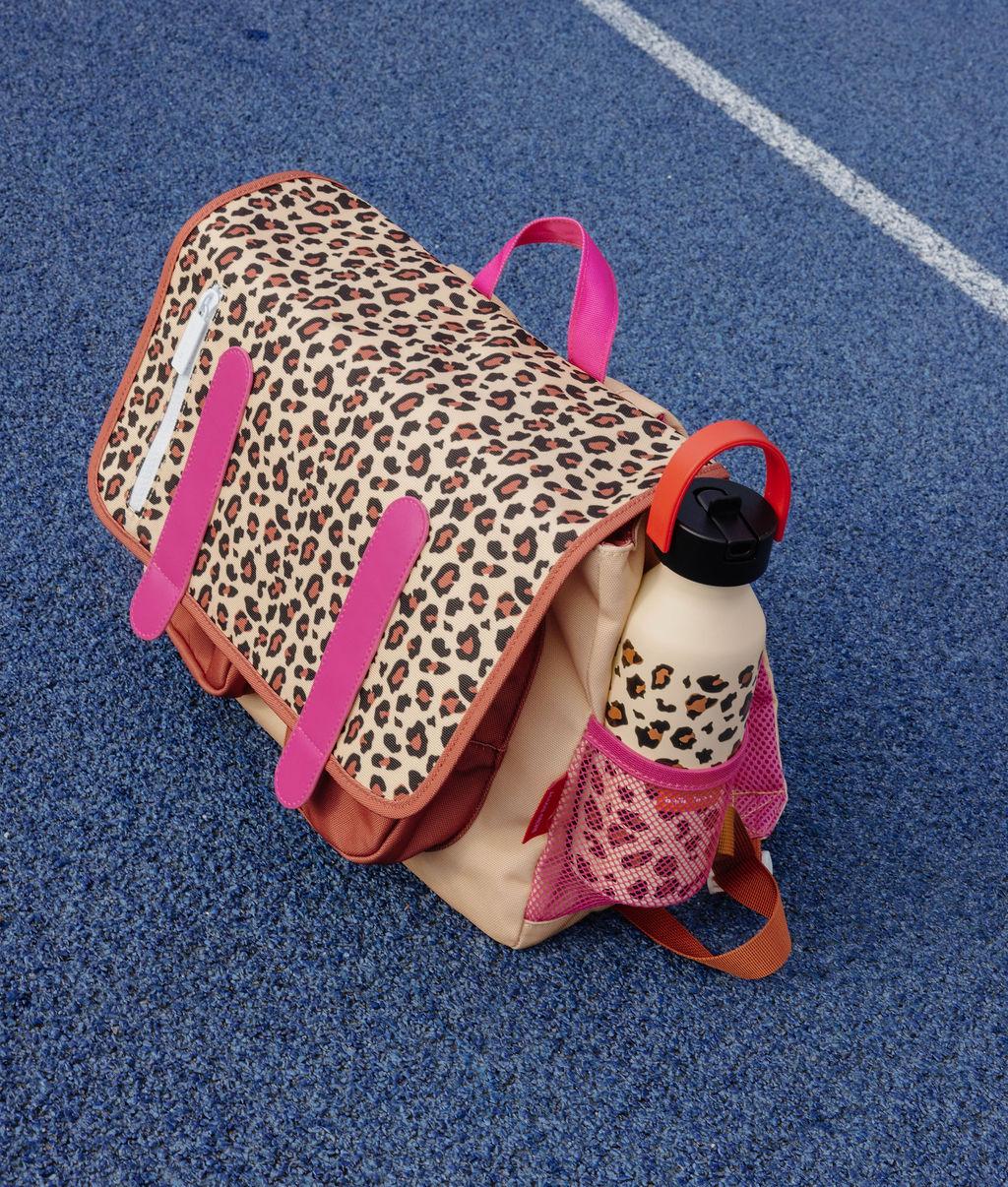 Borraccia bambino beige con stampa leopard, manico rosso Hello Hossy
