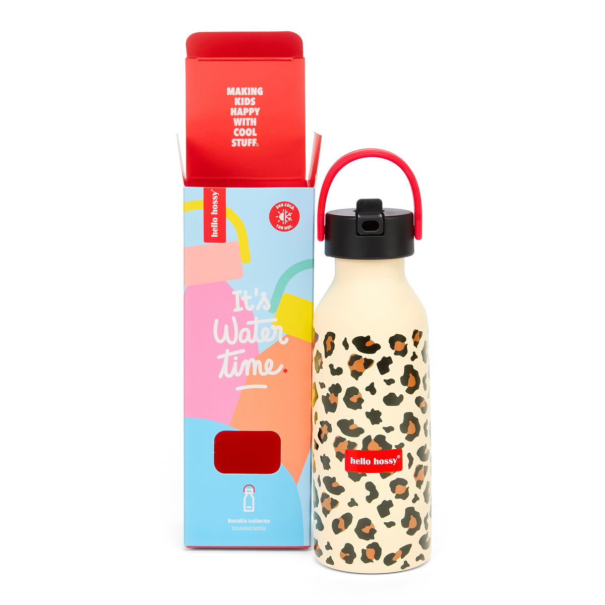 Borraccia bambino Beige stampato leopard manico rosso Hello Hossy