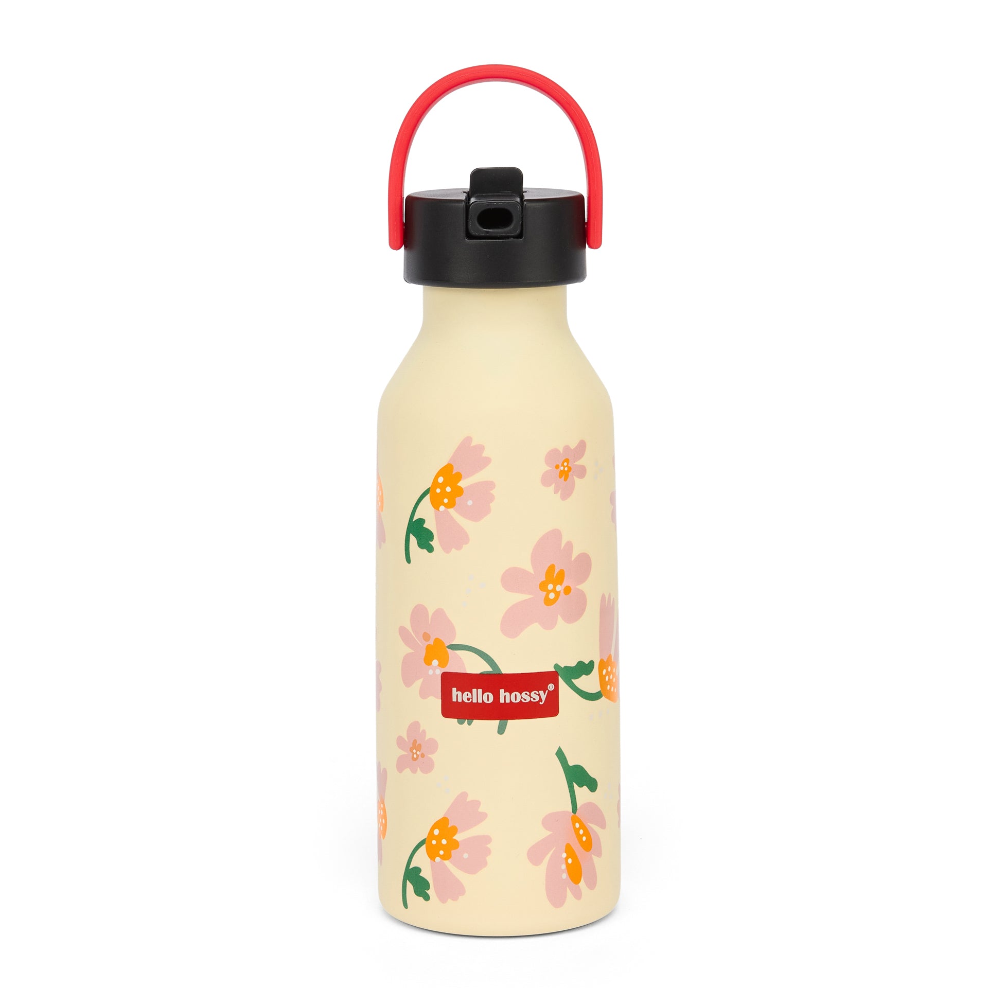 Borraccia per bambini rosa con motivo a fiori e manico rosso Hello Hossy