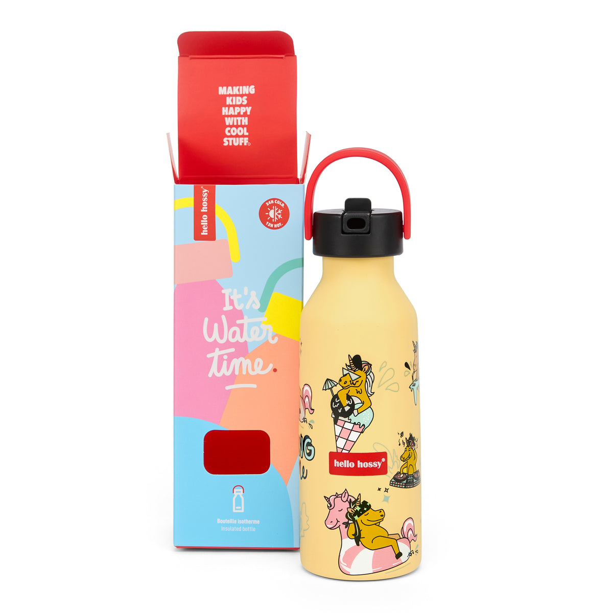 Borraccia per bambini gialla, motivo unicorno, manico rosso Hello Hossy
