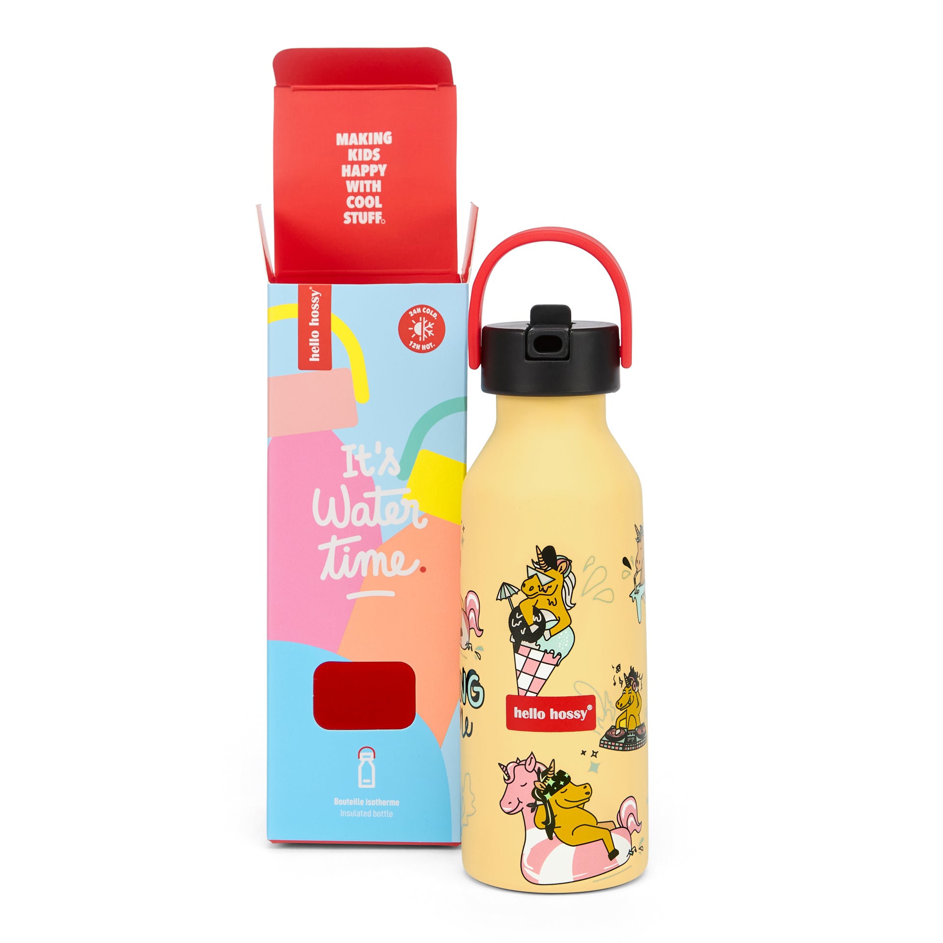 Borraccia per bambini gialla, motivo unicorno, manico rosso Hello Hossy