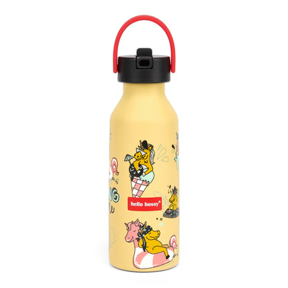 Borraccia bambino giallo motivo unicorno manico rosso tappo nero Hello Hossy