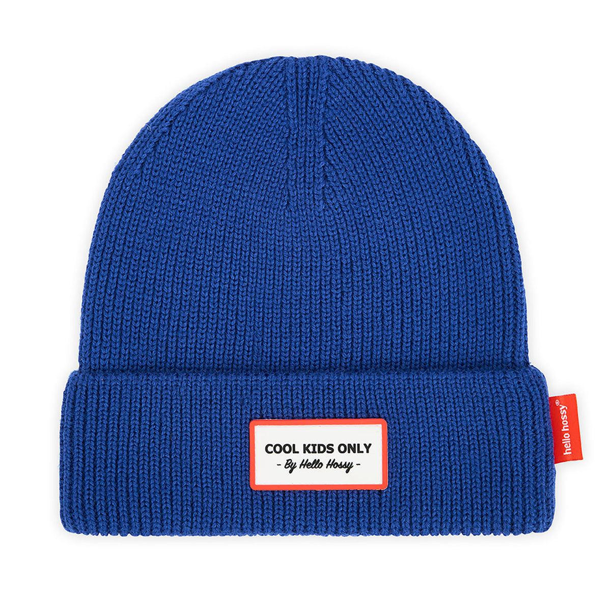 Berretto blu per bambini con risvolto largo ed etichetta ricamata rossa Hello Hossy