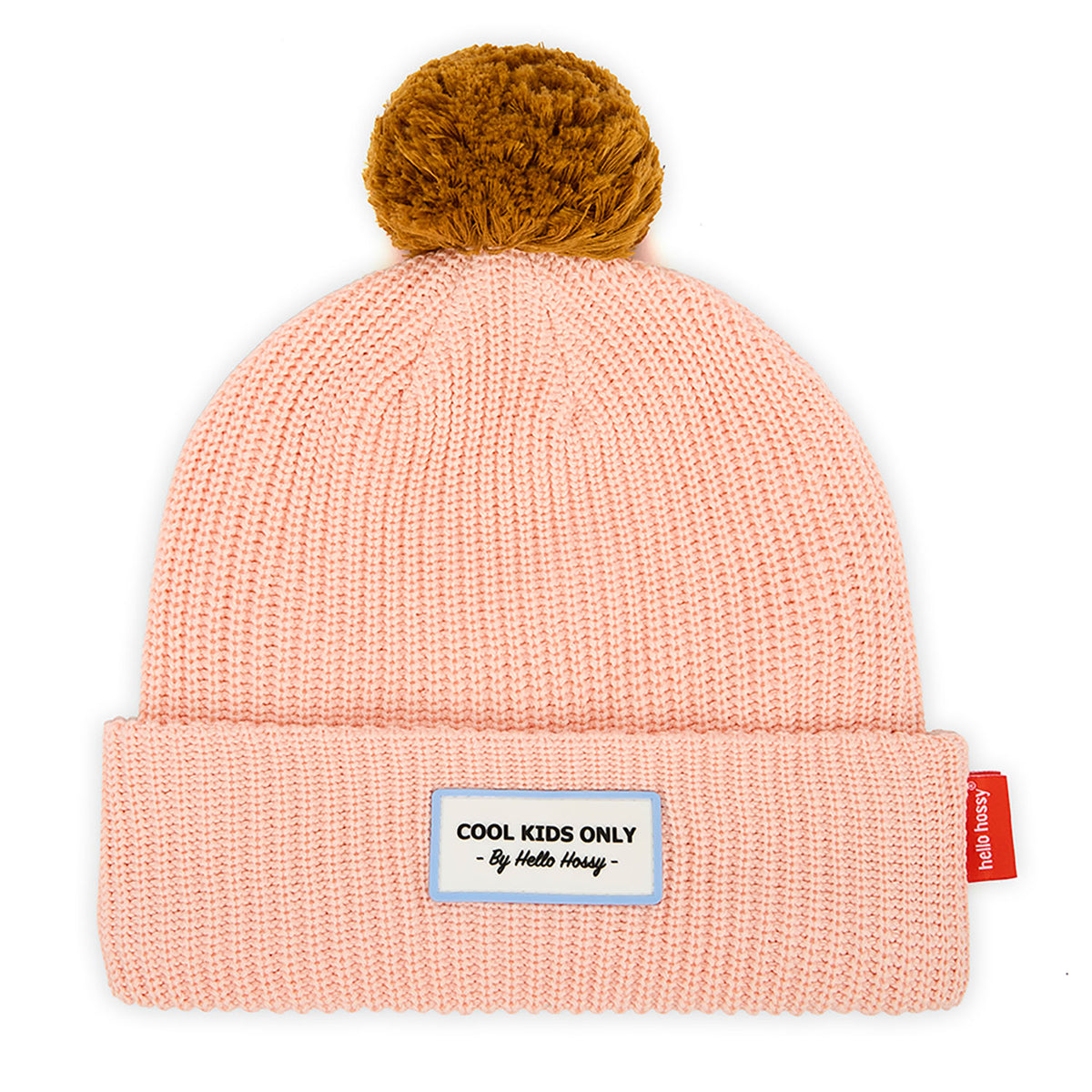 Berretto bambino rosa con pompon marrone ed etichetta ricamata Hello Hossy