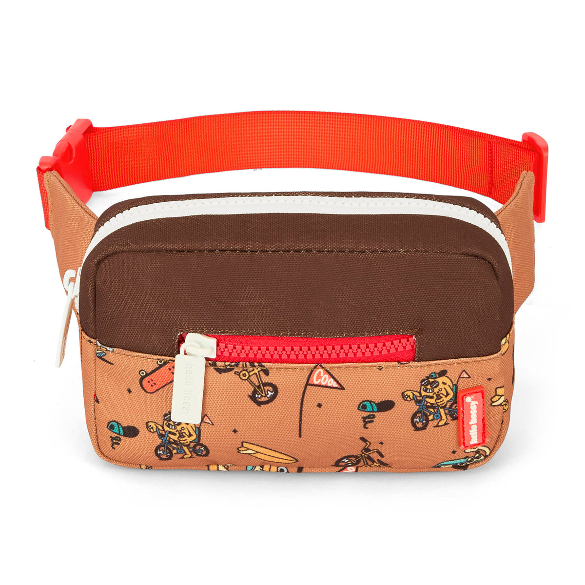 Marsupio bambino marrone con stampa Mascotte bicicletta, dettaglio zip Hello Hossy