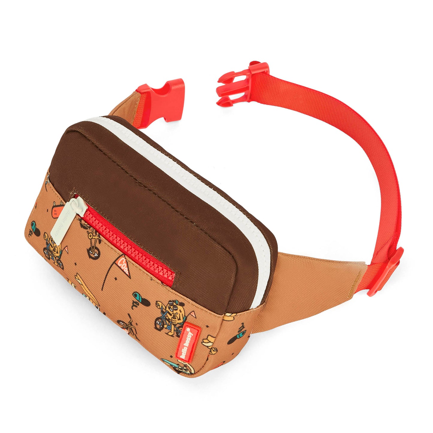 Marsupio bambino marrone con motivo Mascotte bicicletta, zip rossa Hello Hossy