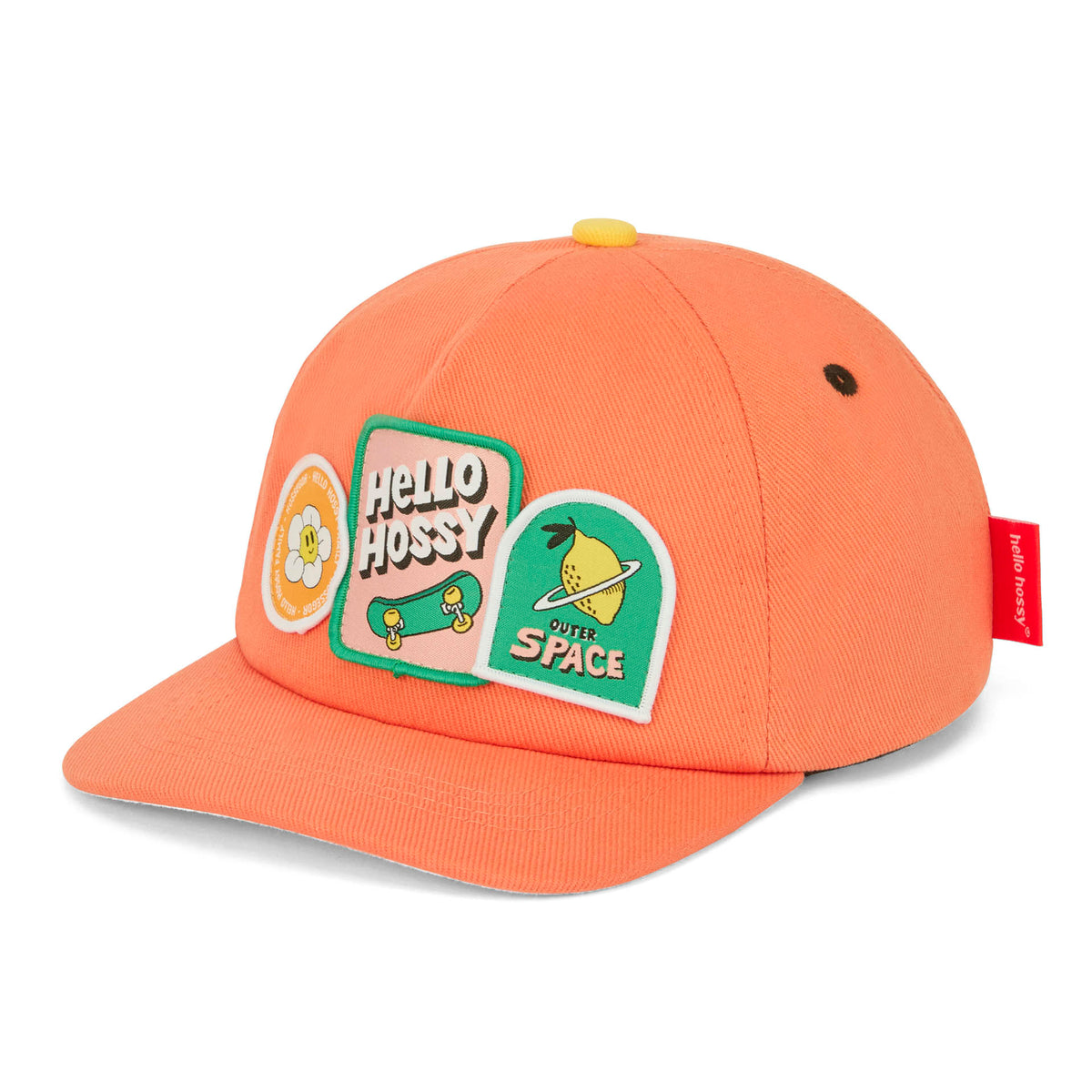 Cappellino bambino arancione patch skate motivo spazio Hello Hossy