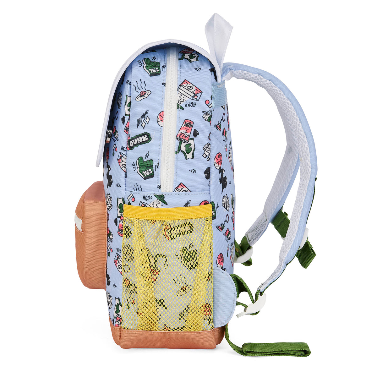 Zaino per bambini blu con motivo Sport, tasca in rete gialla, base pesca Hello Hossy