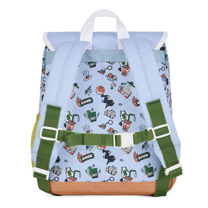 Zaino bambino blu, motivo Sport, spalline verdi, base marrone, Hello Hossy