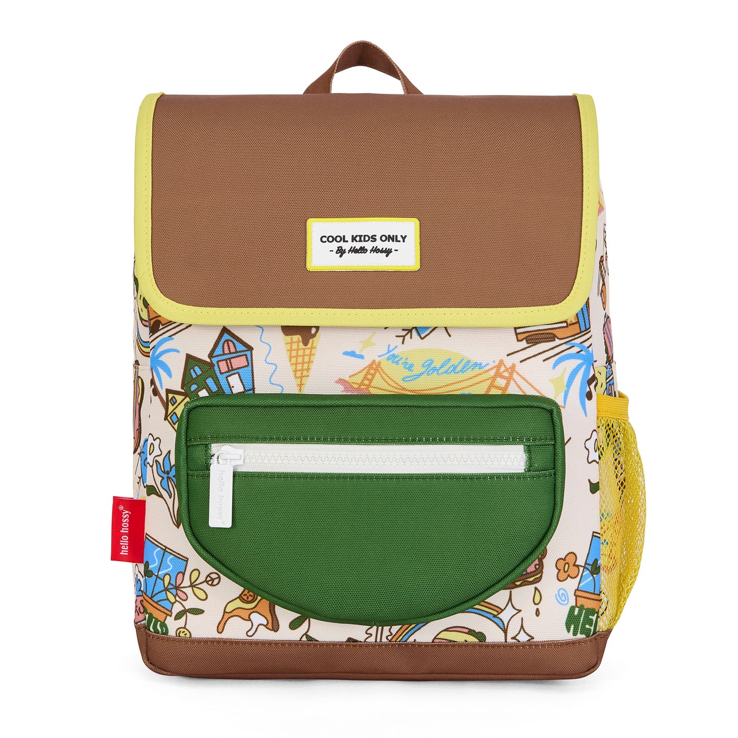 Zaino bambino crema motivo viaggio USA tasca verde rete gialla Hello Hossy