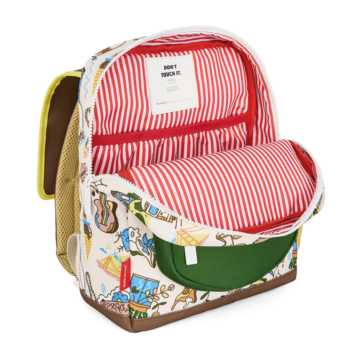 Zaino bambino crema motivi viaggio USA tasca verde righe rosse Hello Hossy