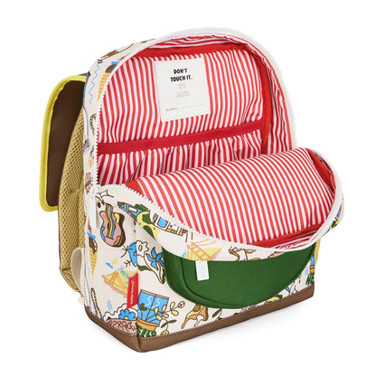 Zaino bambino crema motivi viaggio USA tasca verde righe rosse Hello Hossy
