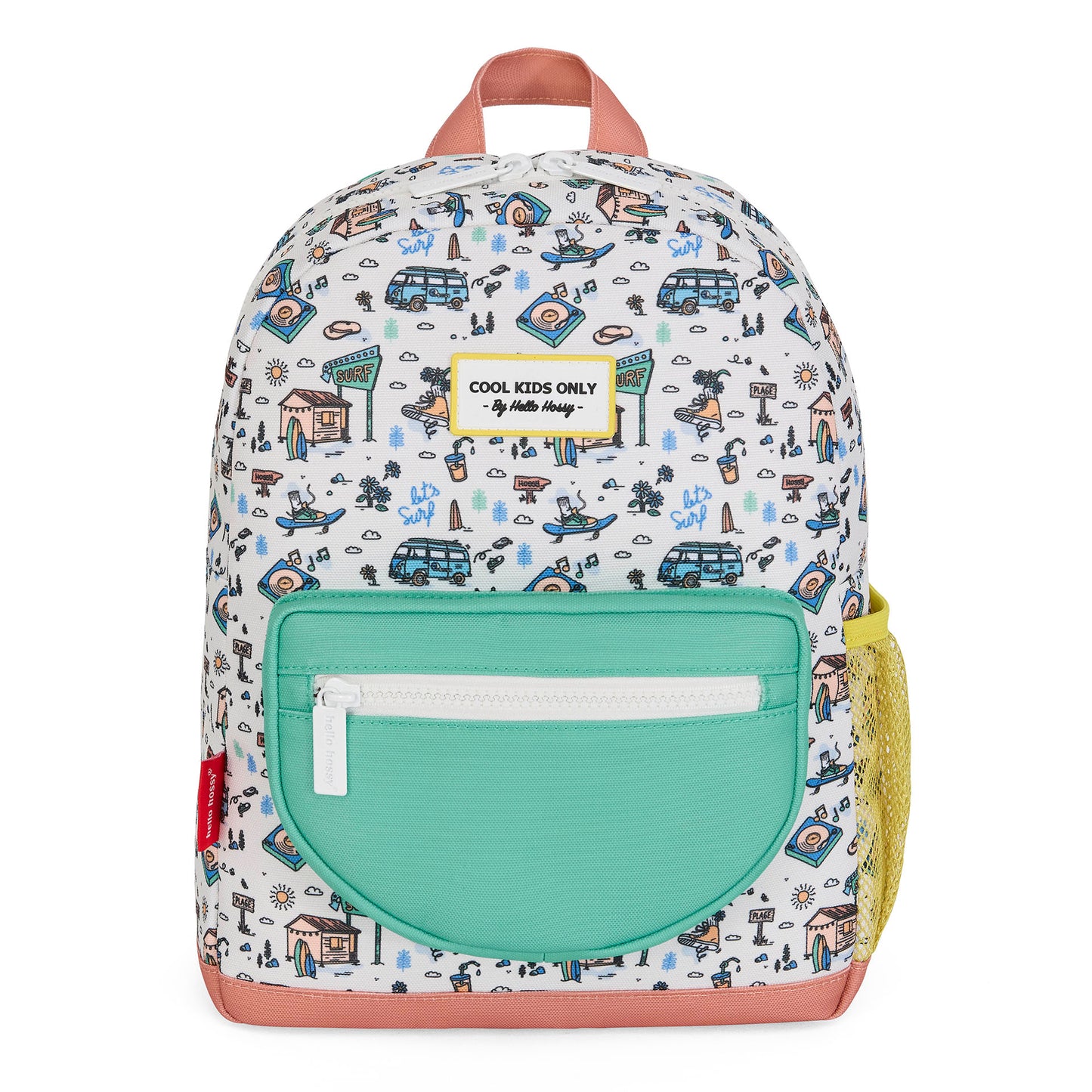 Zaino bambino bianco motivi van viaggio tasca verde rete gialla Hello Hossy