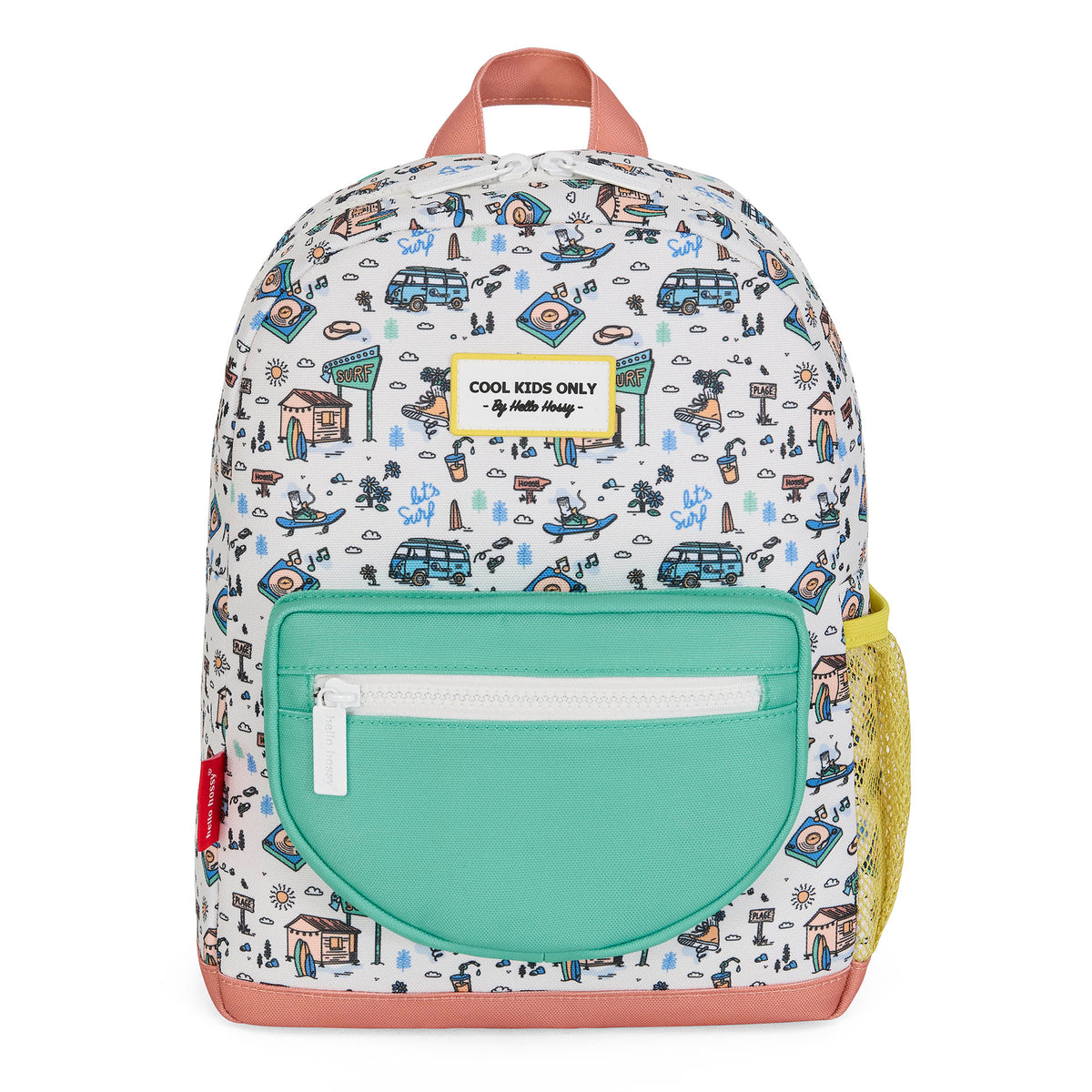 Zaino bambino bianco motivi van viaggio tasca verde rete gialla Hello Hossy