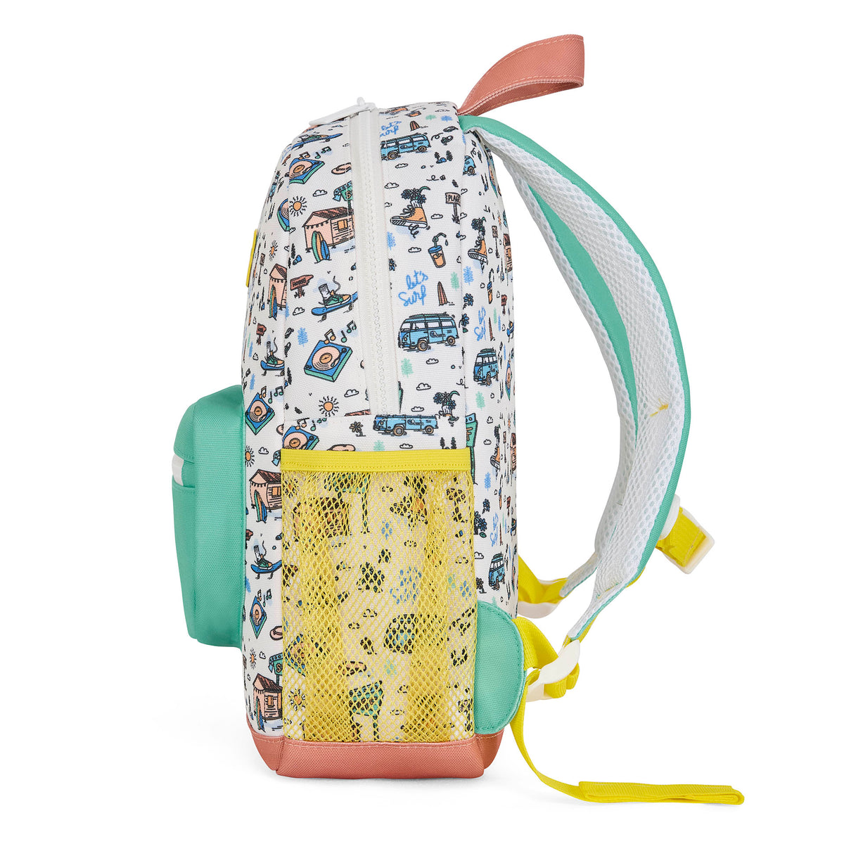 Zaino da bambino bianco con stampa viaggio, tasca in rete gialla Hello Hossy