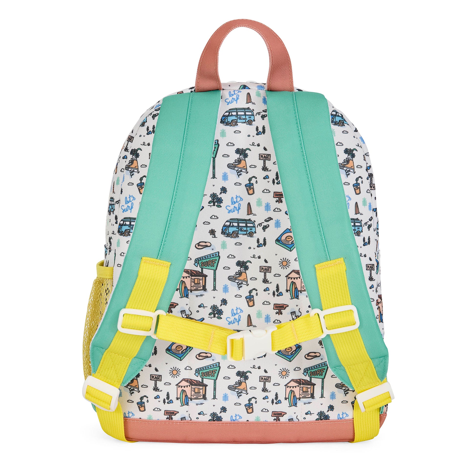 Zaino per bambini bianco con motivo viaggio, patch blu, verde e giallo Hello Hossy