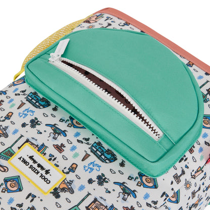 Zaino per bambini bianco con stampa viaggio, tasca verde acqua Hello Hossy