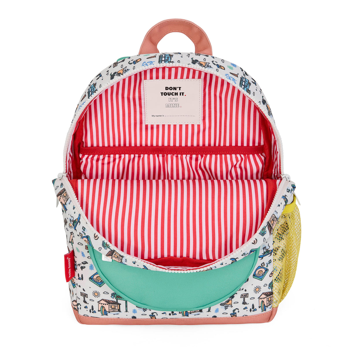 Zaino da bambino bianco con stampa viaggio, tasca in rete gialla Hello Hossy